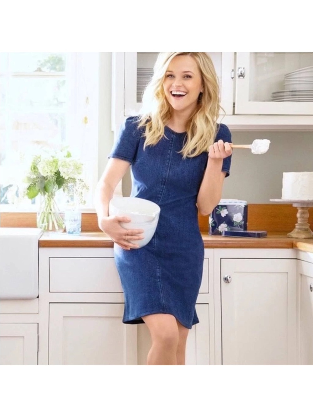 Draper James puff-sleeve denim shift dress